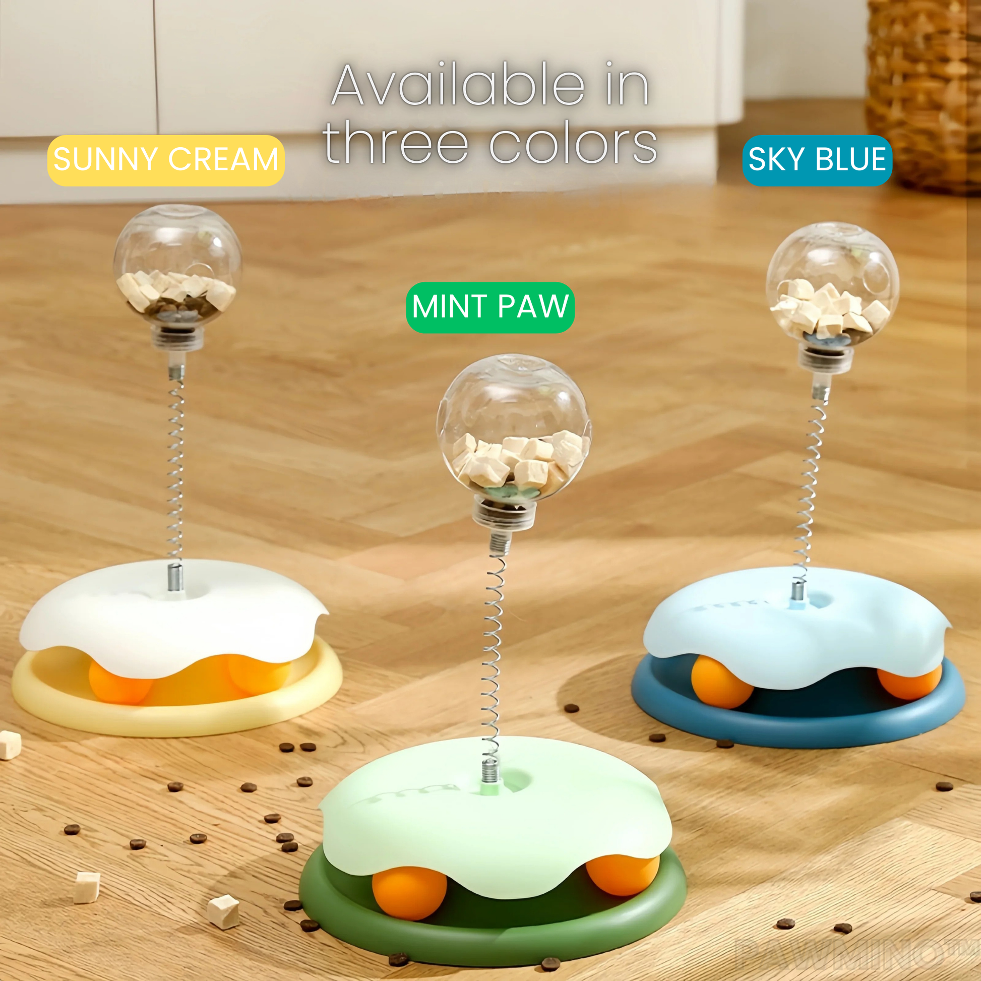 Set of 3 feeder on a wooden surface, labeled 'SKY BLUE', 'MINT PAW', 'ORANGE', and 'BLUE'.